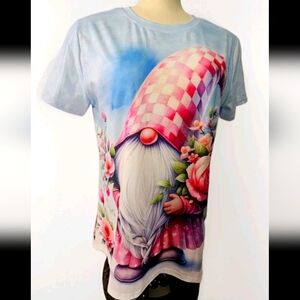 Gnome Womens Medium Floral Garden Blue Pink Stretch Summer Short Sleeve T-shirt